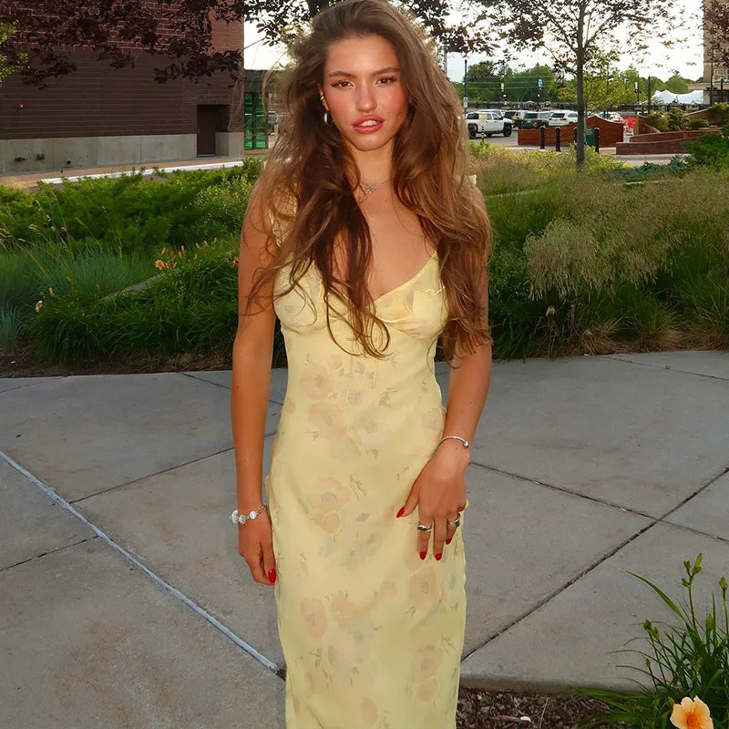 Frorenza Summer Floral Plunge Maxi – Elegant Backless Beach & Vacation Dress