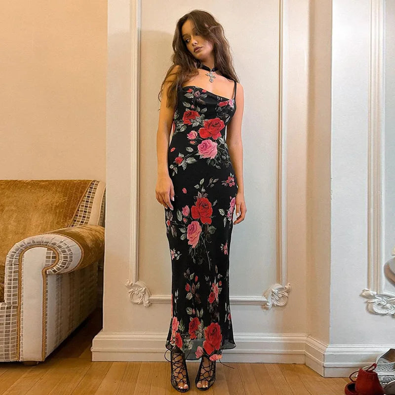 Floral Spaghetti Strap Bodycon Maxi Dress – Elegant, Sexy & Backless