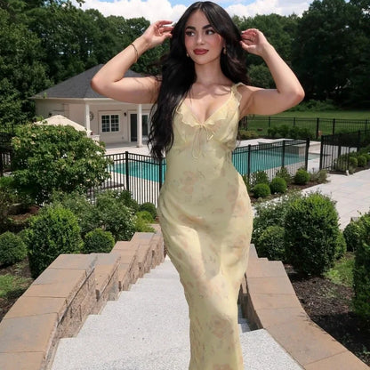 Frorenza Summer Floral Plunge Maxi – Elegant Backless Beach & Vacation Dress