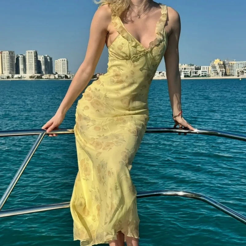 Frorenza Summer Floral Plunge Maxi – Elegant Backless Beach & Vacation Dress