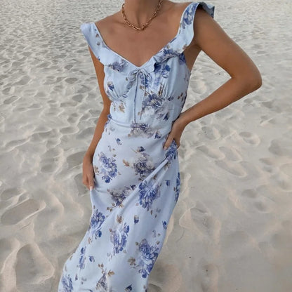 Frorenza Summer Floral Plunge Maxi – Elegant Backless Beach & Vacation Dress